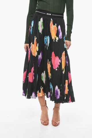 Heart-printed Pleated Skirt with Logoed Waistband