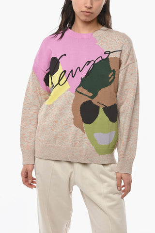 Wool and Cotton Blend Multicolored Sweather with Logoed Embroidery