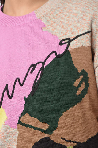 Wool and Cotton Blend Multicolored Sweather with Logoed Embroidery
