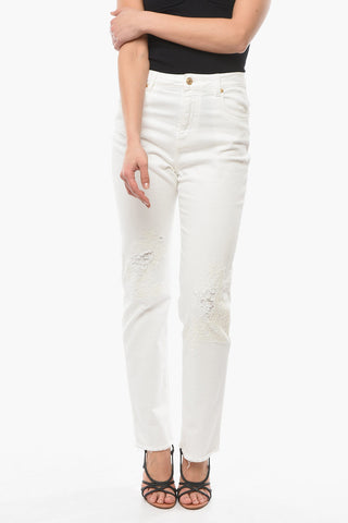 Jeans Distressed Con Pizzo E Fondo Con Taglio Vivo