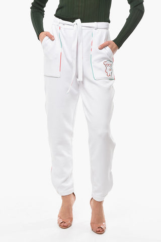 EMPORIO Belted Cotton Blend Pants with Embroidery