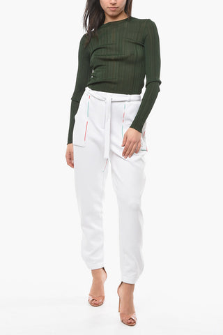 EMPORIO Belted Cotton Blend Pants with Embroidery