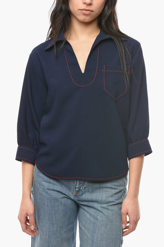 SEE BY Blusa in Tessuto Effetto Crepe con Maniche 3/4 a Sbuffo