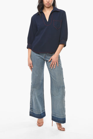 SEE BY Blusa in Tessuto Effetto Crepe con Maniche 3/4 a Sbuffo