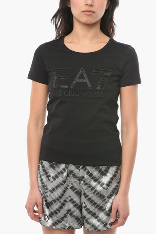 EMPORIO Crew-neck T-shirt with Rhinestone Application and Embossed Ton-sur-ton Logo