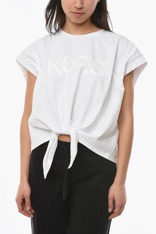 T-shirt Crop con Nodo e Logo Ton-sur-ton