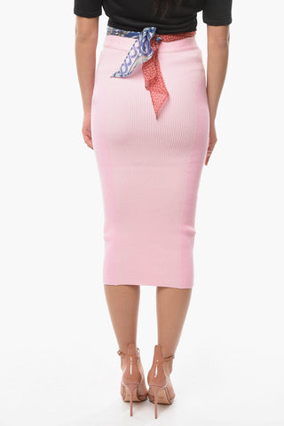 Ribbed Knit Midi Skirt with Logo Embroidery