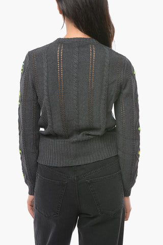Openwork OMA Cardigan with Floral Embroidery and Buttons