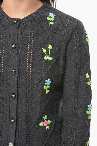 Openwork OMA Cardigan with Floral Embroidery and Buttons