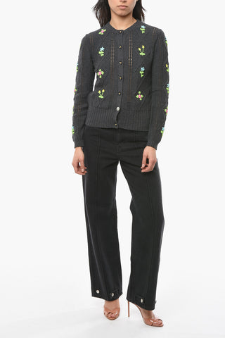 Openwork OMA Cardigan with Floral Embroidery and Buttons