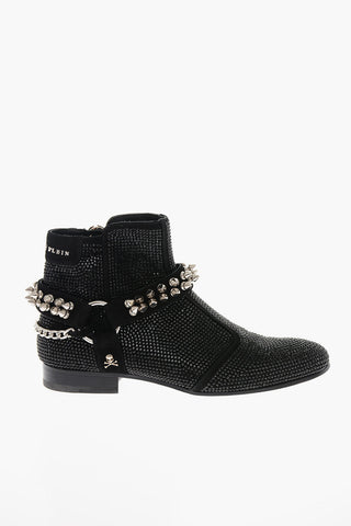 Studded Morset Leather Booties with Crystals All-Over