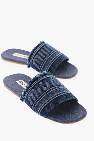 Sliders in Denim Jacquard con Fascia Logata