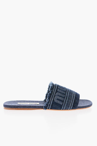 Sliders in Denim Jacquard con Fascia Logata