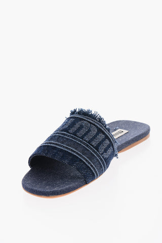 Sliders in Denim Jacquard con Fascia Logata