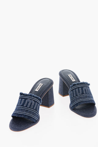 Logoed Band Jacquard Denim Open Toe Mules 8cm