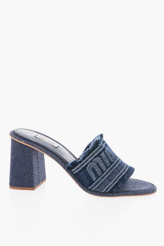 Logoed Band Jacquard Denim Open Toe Mules 8cm