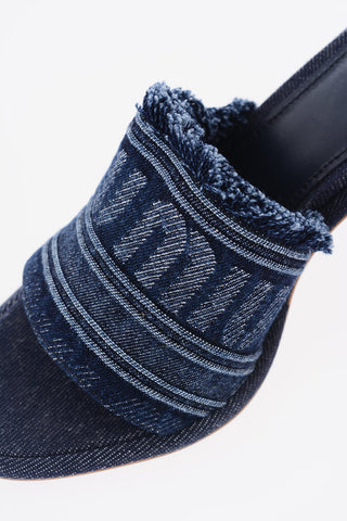 Logoed Band Jacquard Denim Open Toe Mules 8cm