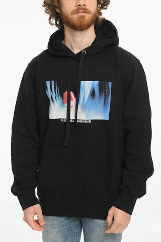 Felpa Hoodie con Stampa Global Warning e Maxi Patch Tasca