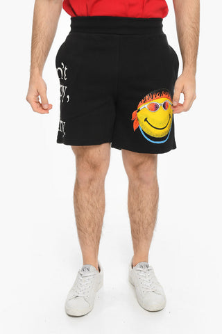 SMILEY Lettering Printed Fleeced-Cotton DON'T HAPPY BE WORRY Shorts