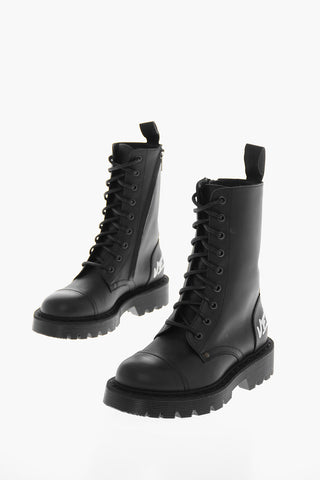 Printed Logo Lace-up Leather Combat Booties