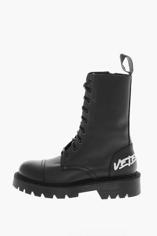 Printed Logo Lace-up Leather Combat Booties
