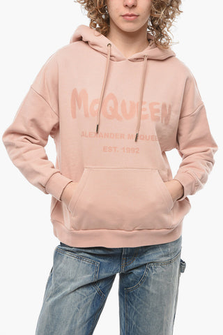 Hoodie Sweatshirt with Ton-sur-ton Logo Print and Kangaroo Pocket