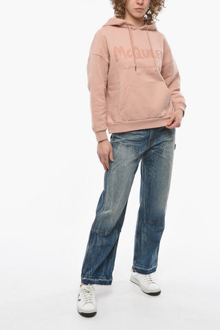 Hoodie Sweatshirt with Ton-sur-ton Logo Print and Kangaroo Pocket