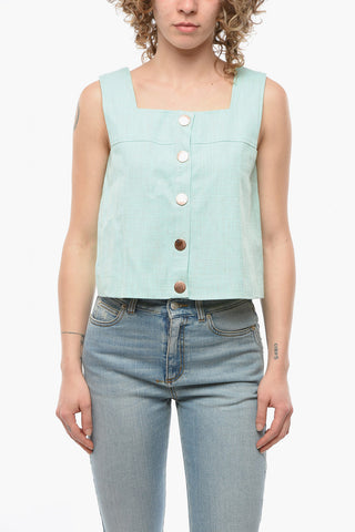 SEE BY Crop Top Smanicato in Misto Lino con Abbottonatura