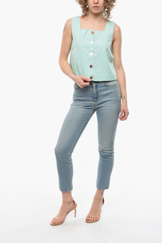 SEE BY Crop Top Smanicato in Misto Lino con Abbottonatura