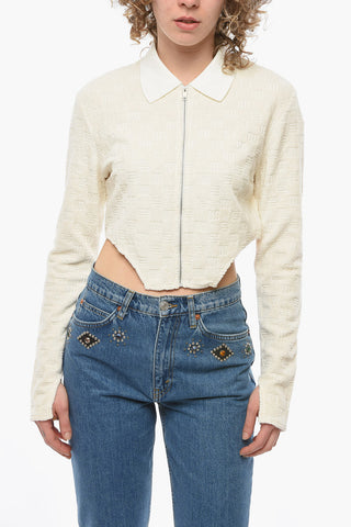 Terrycloth Cotton Cropped Sweatshirt with Collar