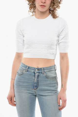 Crop Top a Maniche Corte con Monogram in Rilievo