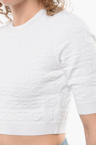 Crop Top a Maniche Corte con Monogram in Rilievo