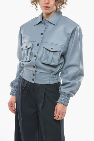 Oversized-shoulder NICE Soft-leather Jacket with Smocked Panel