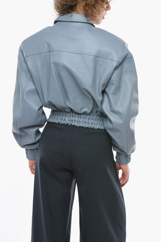 Oversized-shoulder NICE Soft-leather Jacket with Smocked Panel