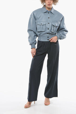 Oversized-shoulder NICE Soft-leather Jacket with Smocked Panel