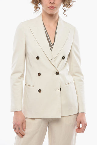 Cotton-blend Double-breasted Blazer with Peak Lapel