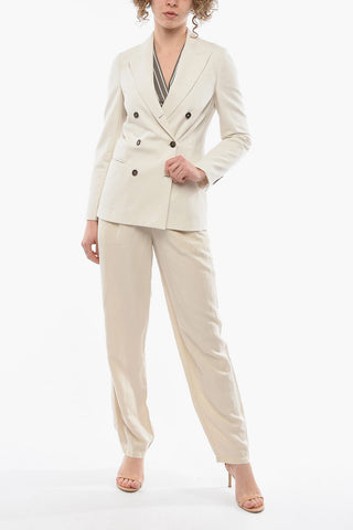Cotton-blend Double-breasted Blazer with Peak Lapel