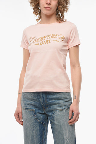 SEE Crew-neck T-shirt with Lettering and Glitter