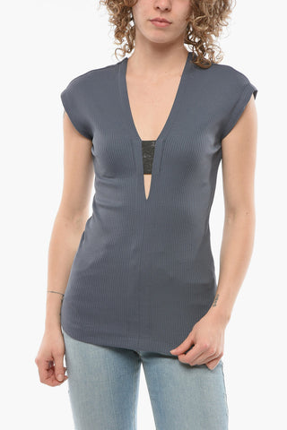 Ribbed V-neck Sleeveless Top with Beaded Detailing