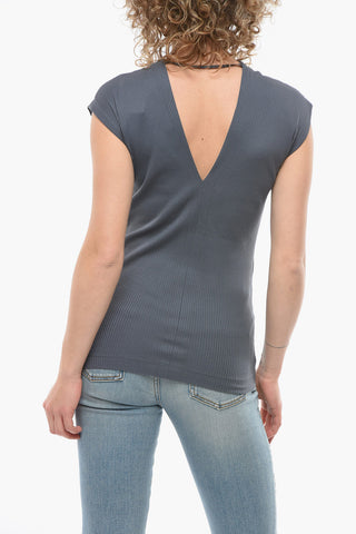 Ribbed V-neck Sleeveless Top with Beaded Detailing