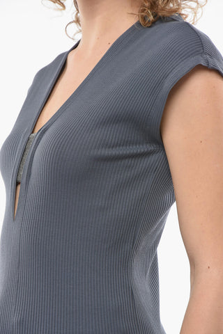 Ribbed V-neck Sleeveless Top with Beaded Detailing