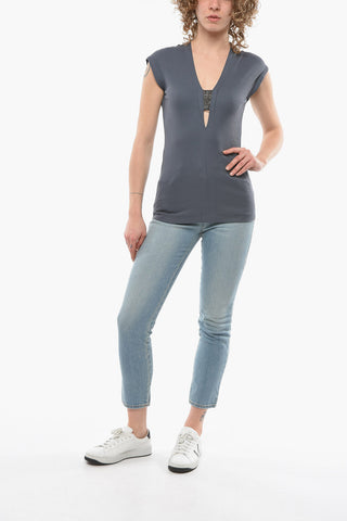 Ribbed V-neck Sleeveless Top with Beaded Detailing