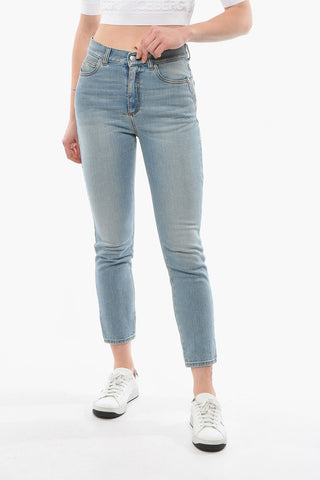 High-waisted Distressed Denims with Tapered-fit and Back Logo Patch 15cm