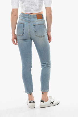 High-waisted Distressed Denims with Tapered-fit and Back Logo Patch 15cm