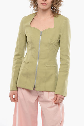 Cotton-canvas Zip-up Jacket with Sweetheart Neckline