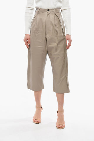 Pantaloni MATIGNON in Pelle a Vita Alta con Gampa Ampia e Pieghe