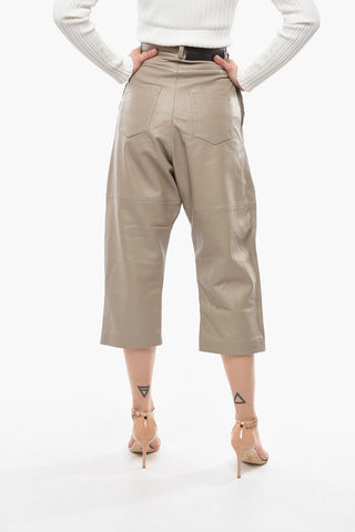 Pantaloni MATIGNON in Pelle a Vita Alta con Gampa Ampia e Pieghe
