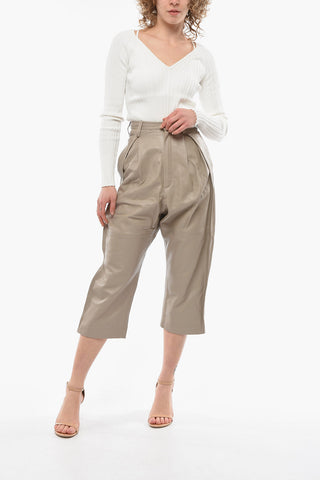 Pantaloni MATIGNON in Pelle a Vita Alta con Gampa Ampia e Pieghe