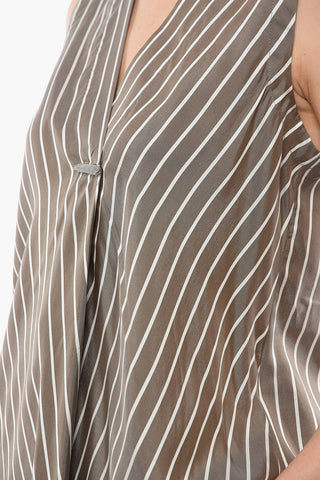 Top Smanicato in Seta a Righe Awning con Dettaglio Perline