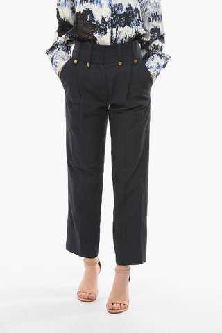 Linen and Virgin Wool Single-Pleat Pants DOLORES with Gold Buttons